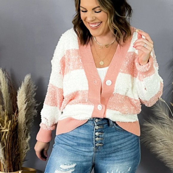 Entro Pink & White Striped Textured Knit Cardigan - Picture 4 of 9